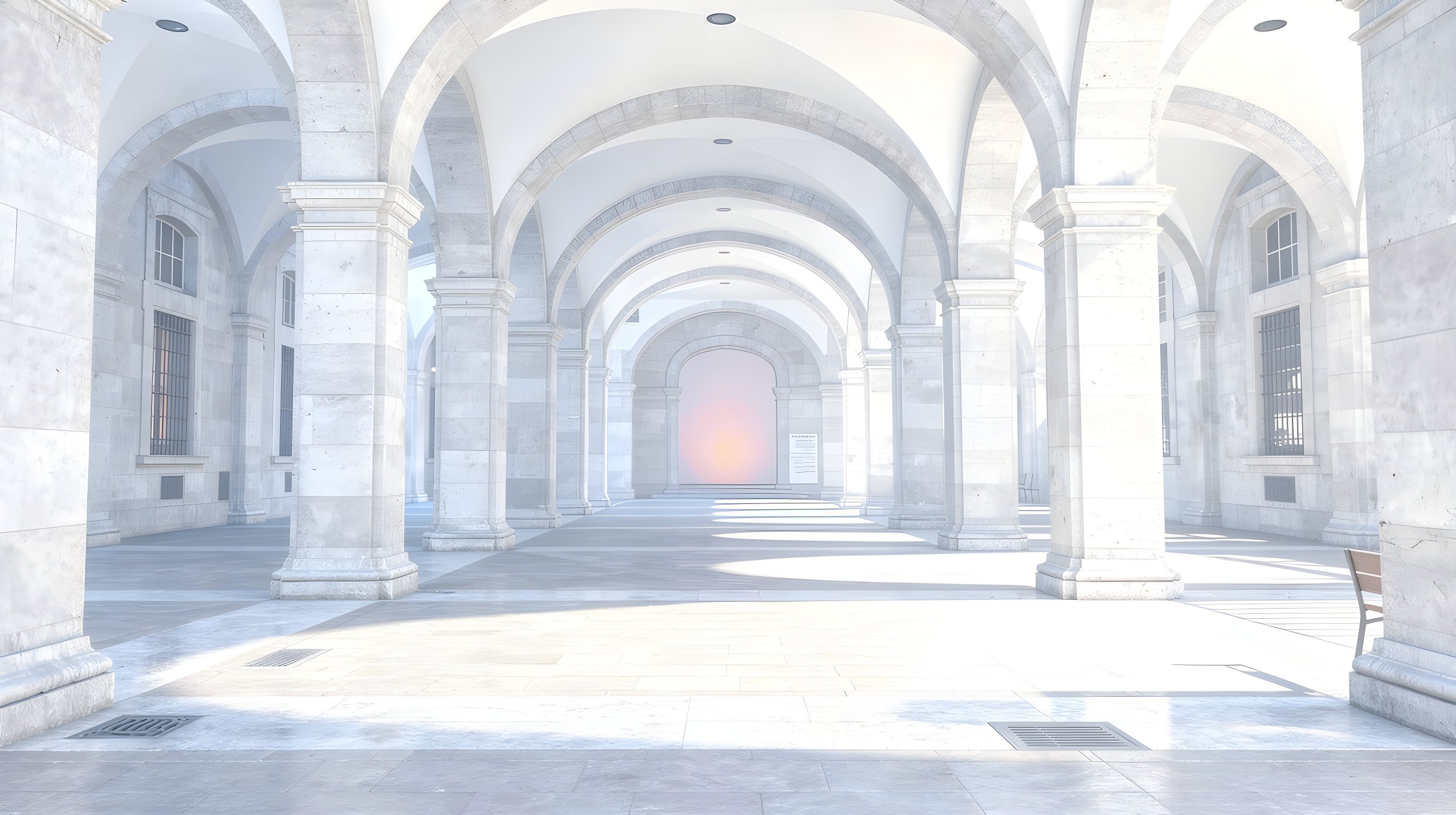 Illustration: a long stone colonnade of round arches receding along a courtyard, each arch a little brighter than the last, the farthest one glowing.