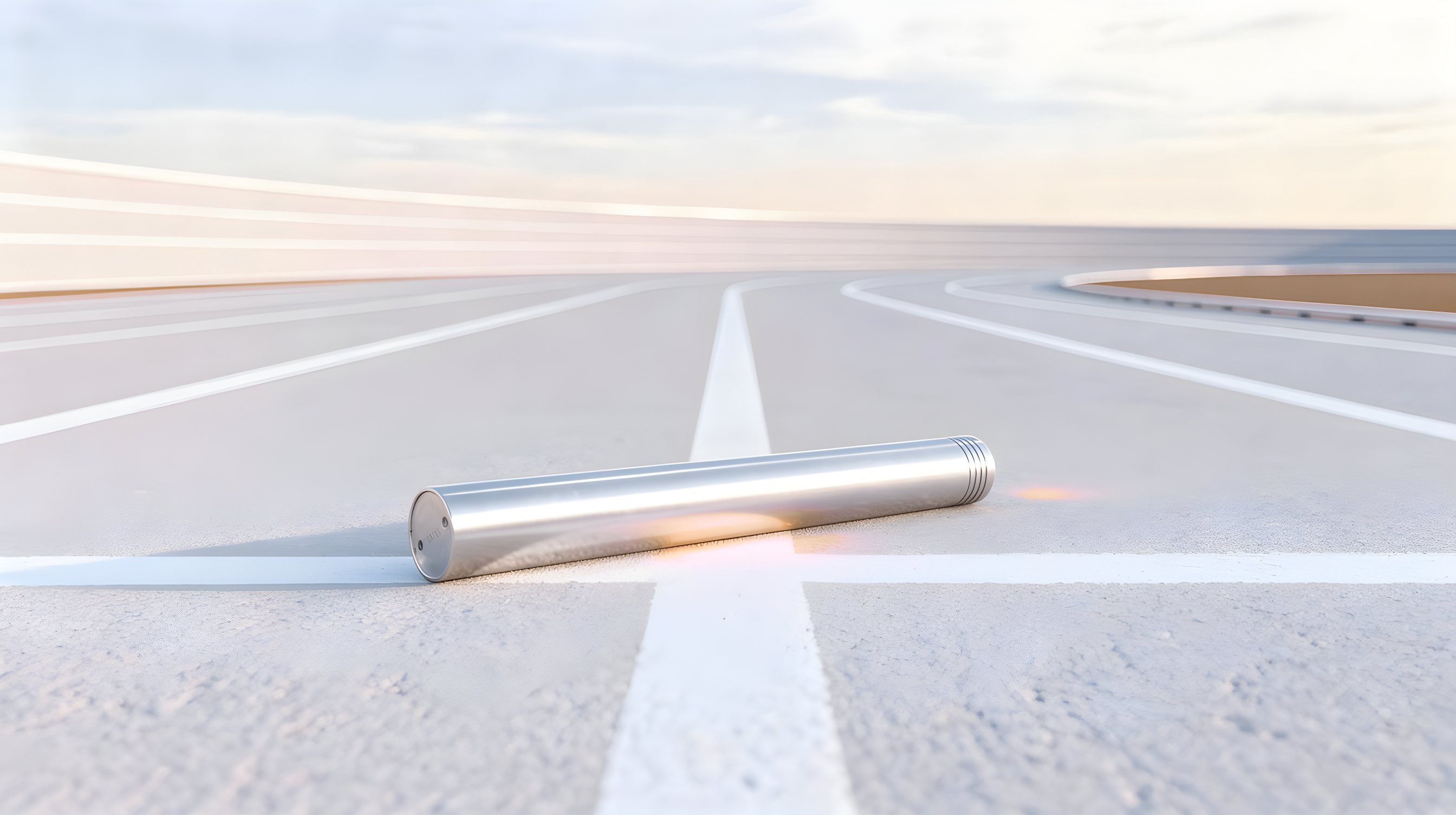 Illustration: a single metal relay baton lying across a white painted line on dark rubberized ground, stadium floodlights glowing far behind.