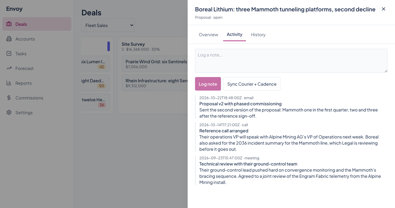 Envoy's deal drawer on the Activity tab, with a note box, a log button, and three logged activities: an email, a call, and a meeting.