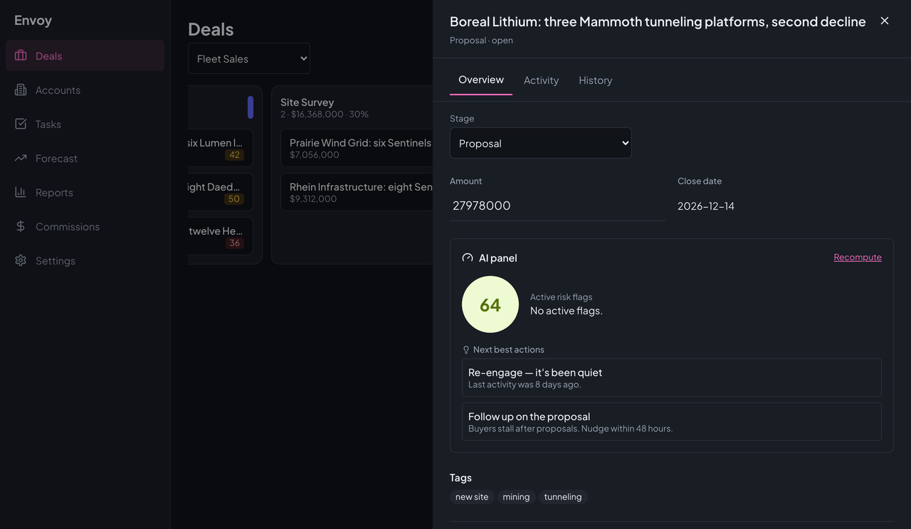 Envoy's deal drawer for a Boreal Lithium deal with a health score of 72, no active flags, two next best actions, and tags.