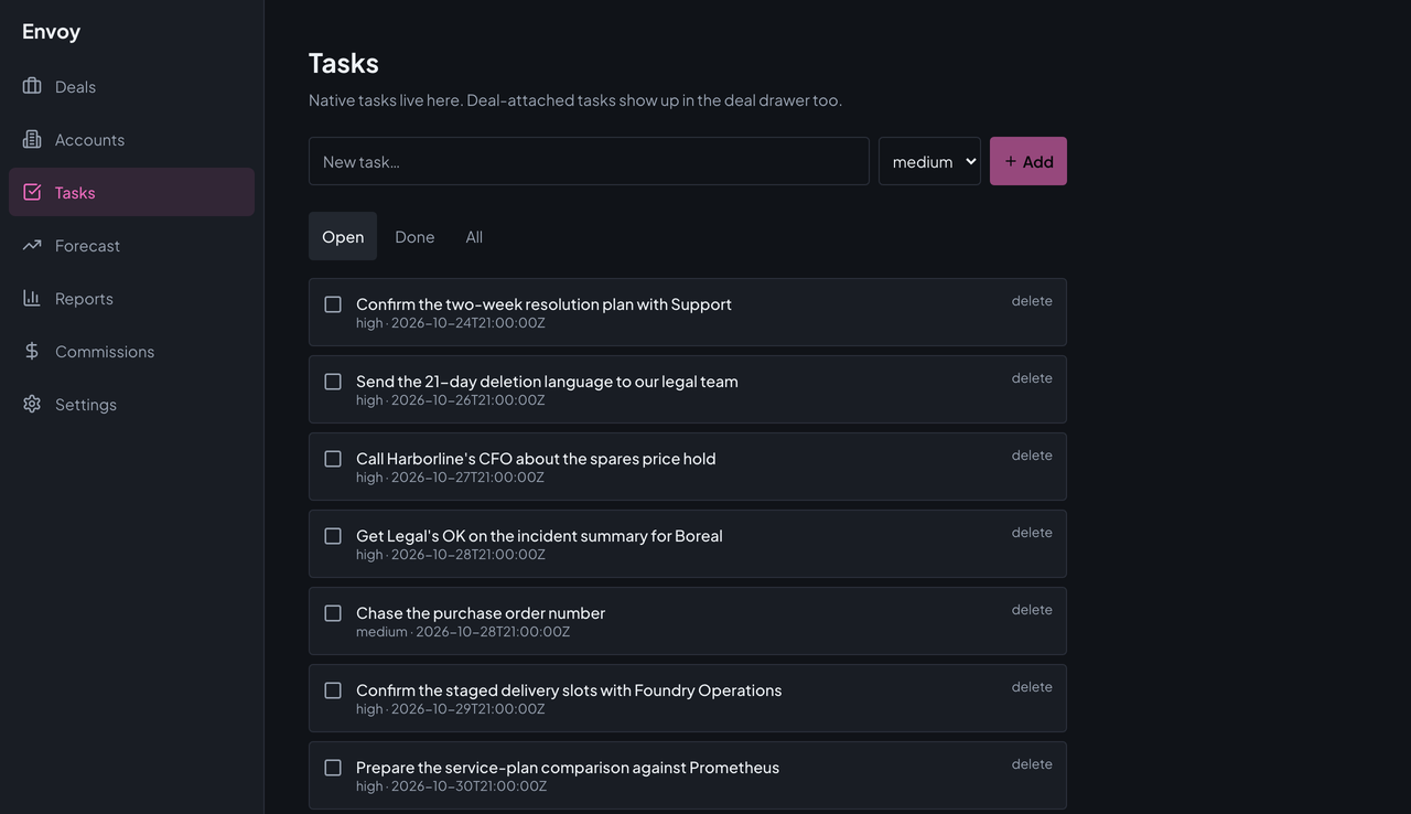 Envoy's Tasks page with an add-task box, a priority menu, filter tabs, and a list of open tasks with due dates.