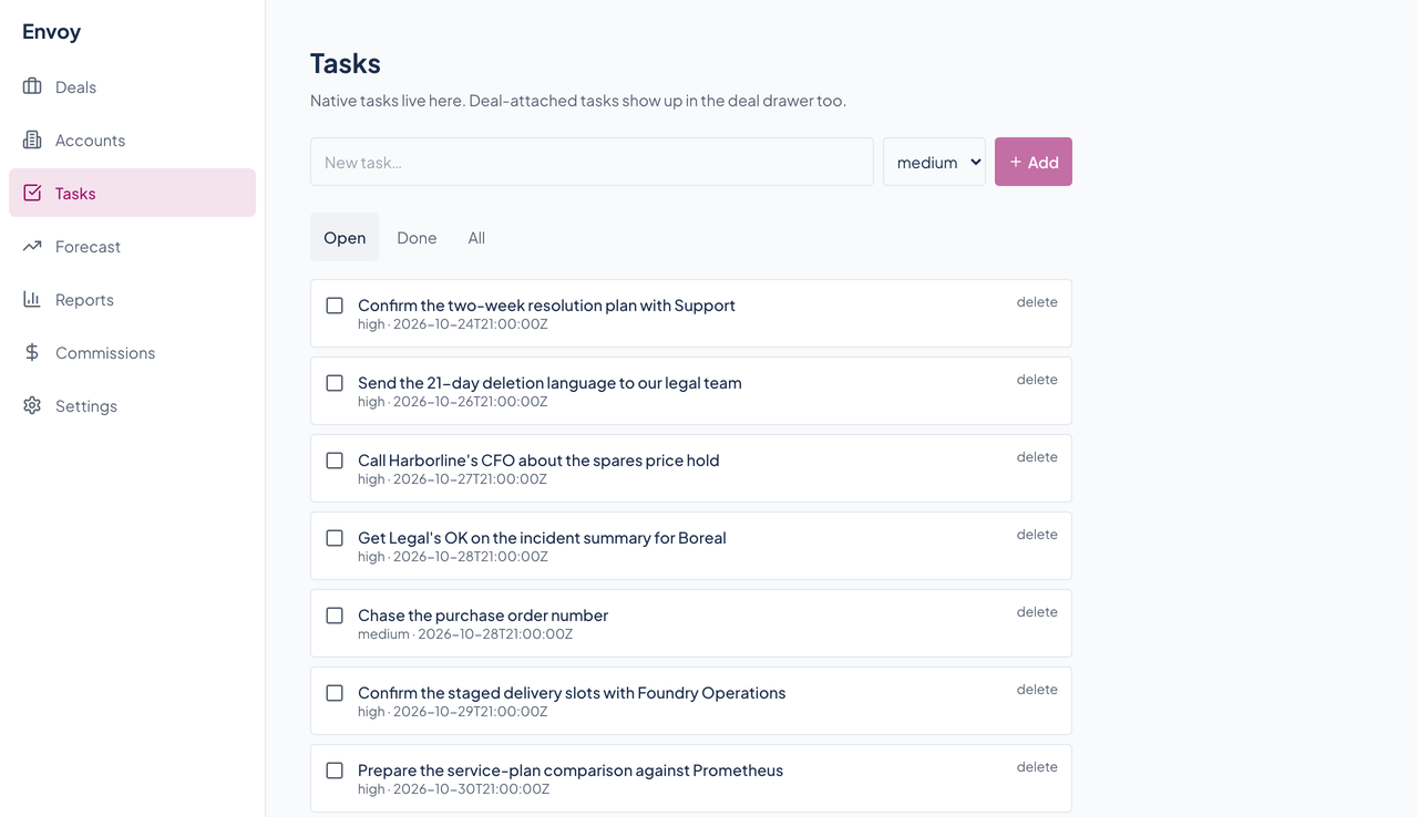 Envoy's Tasks page with an add-task box, a priority menu, filter tabs, and a list of open tasks with due dates.